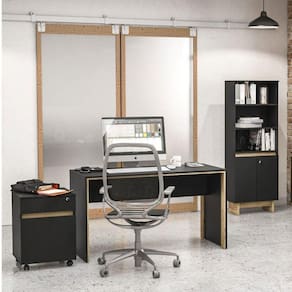 Conjunto Escritório 3 Peças com 1 Mesa, 1 Gaveteiro e 1 Estante Los Angeles Politorno Preto / Carvalho Claro