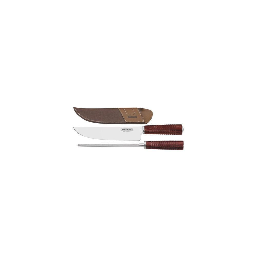 Jogo para Churrasco Tramontina em Aço Inox e Cabo Vermelho Polywood com Bainha de Couro 2 Peças Tramontina