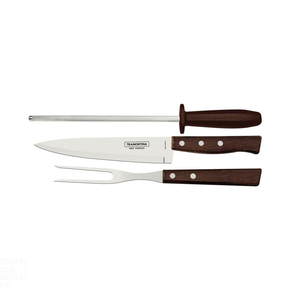 Jogo para Churrasco Tramontina em Aço Inox com Cabo Marrom Madeira e Polipropileno 3 Peças Tramontina