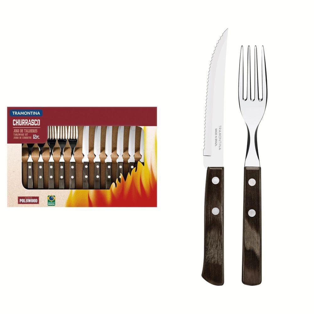 Jogo de Talheres para Churrasco Tramontina em Aço Inox com Cabo Castanho Polywood 12 Peças Tramontina