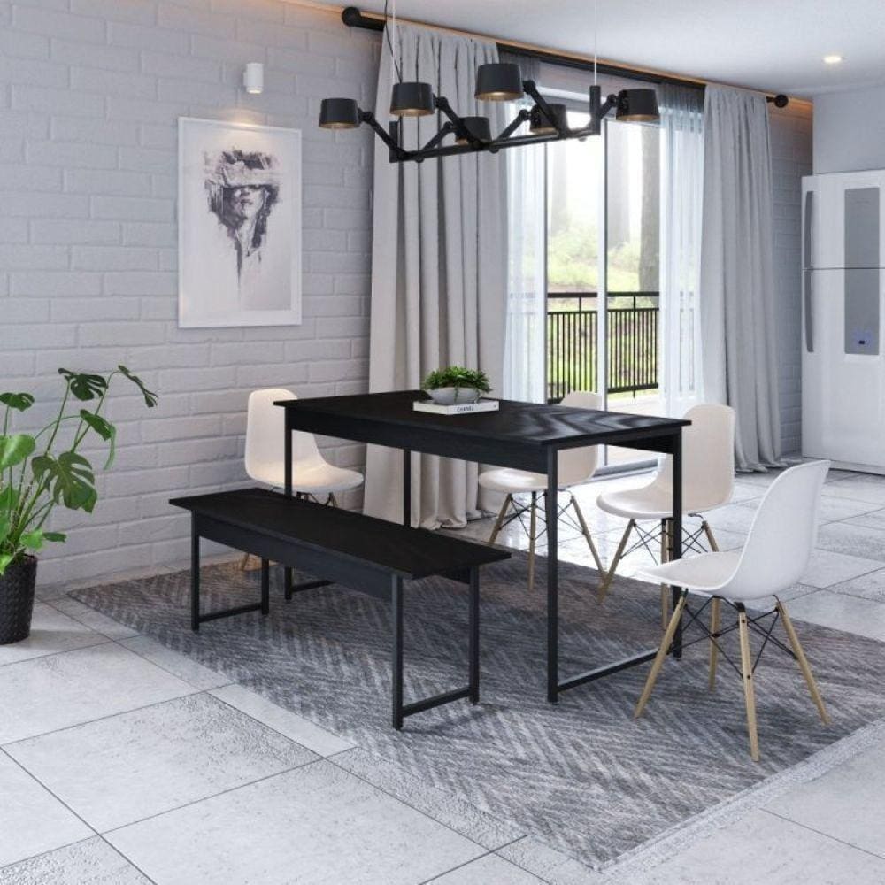 Conjunto Mesa de Jantar 1 Banco Industrial Kit 4 Cadeiras Base Madeira Espresso Móveis Preto/Branco