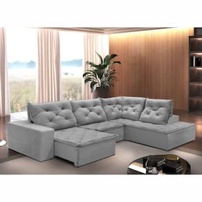 Sofá de Canto M136 com Chaise 4 Lugares Martins Estofados Veludo/Cinza