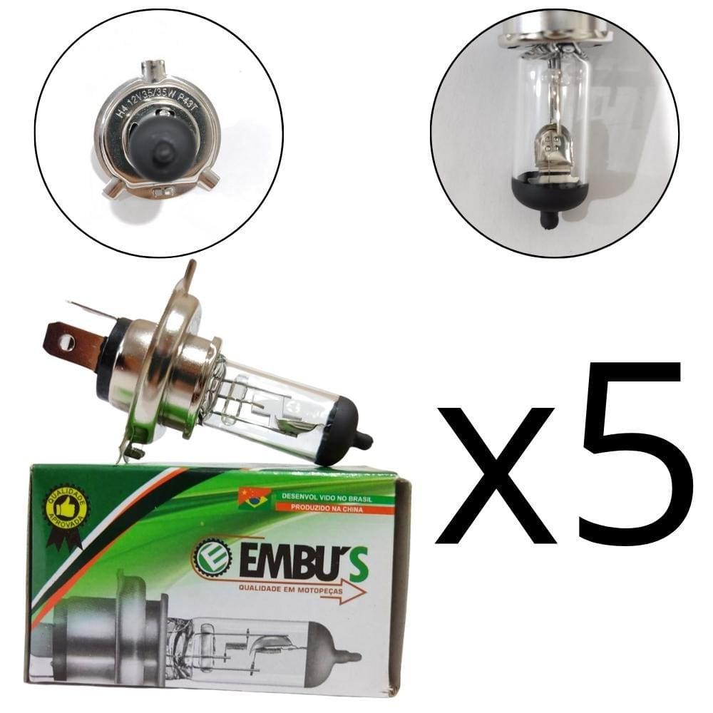 Kit 5 Lâmpada Farol Biodo H4 12v 35w/35w Standard Embus