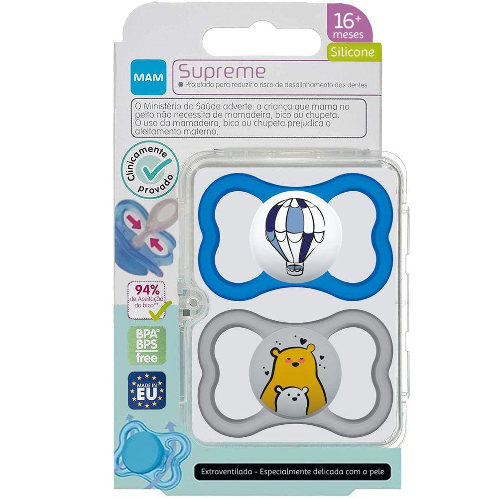 Kit 2 Chupeta MAM Azul Cinza Tamanho 3 Dupla Menino Supreme 16+ Meses Silicone Balão Urso