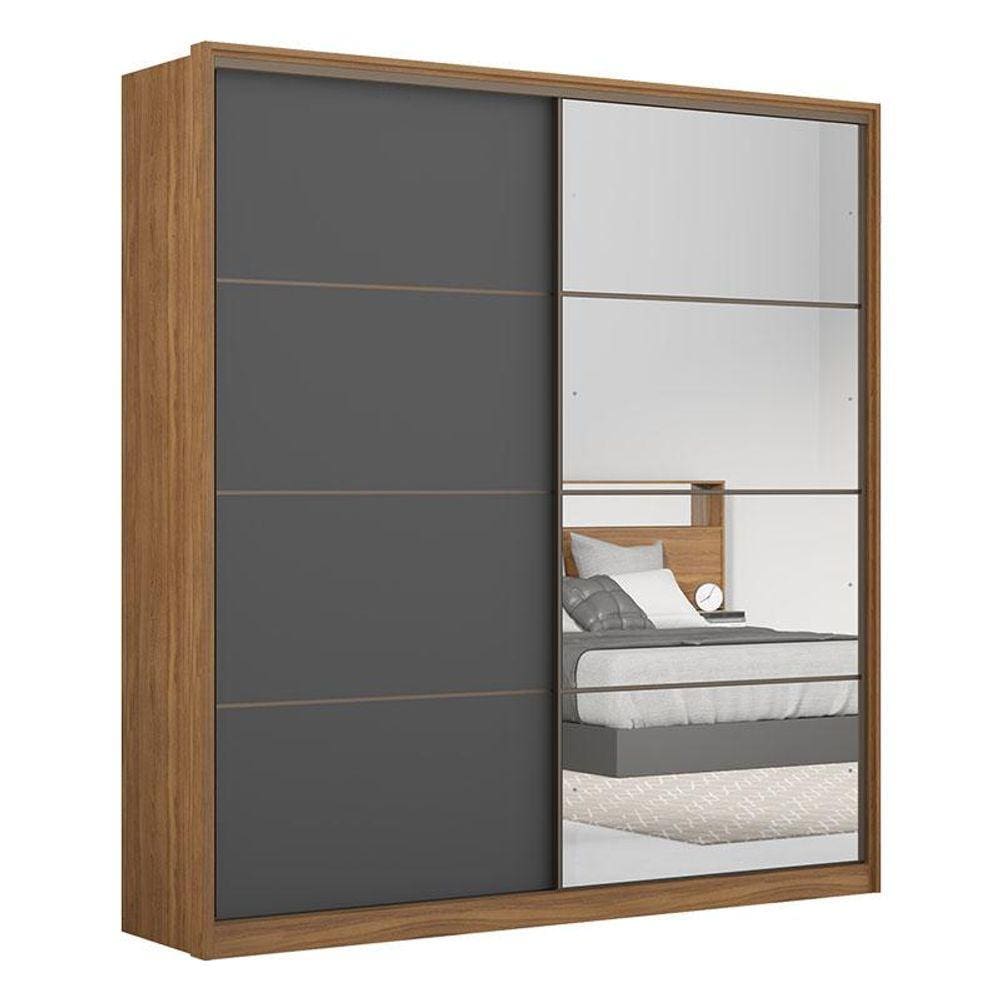 Guarda Roupa Casal Belga 2 Portas 1 Porta em Espelho Amêndola Grafito - Demartêz