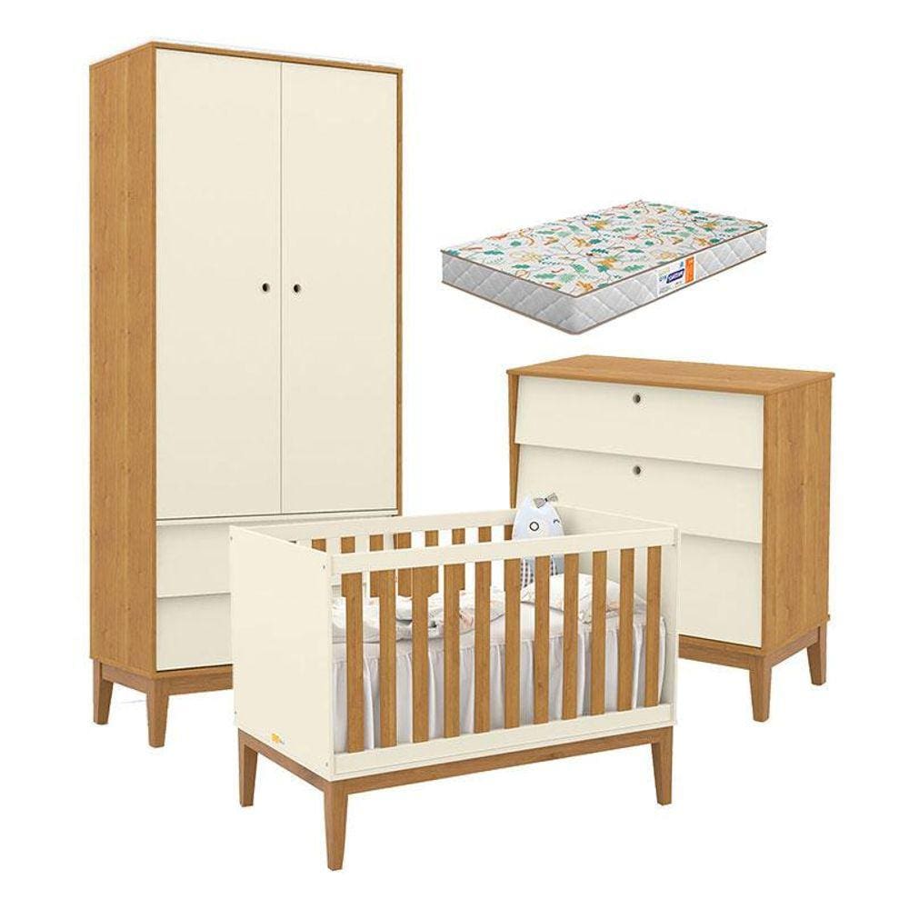Quarto de Bebe Unique 2 Portas com Cômoda Gaveteiro Off White Freijó Eco Wood e Colchão Gazin - Matic