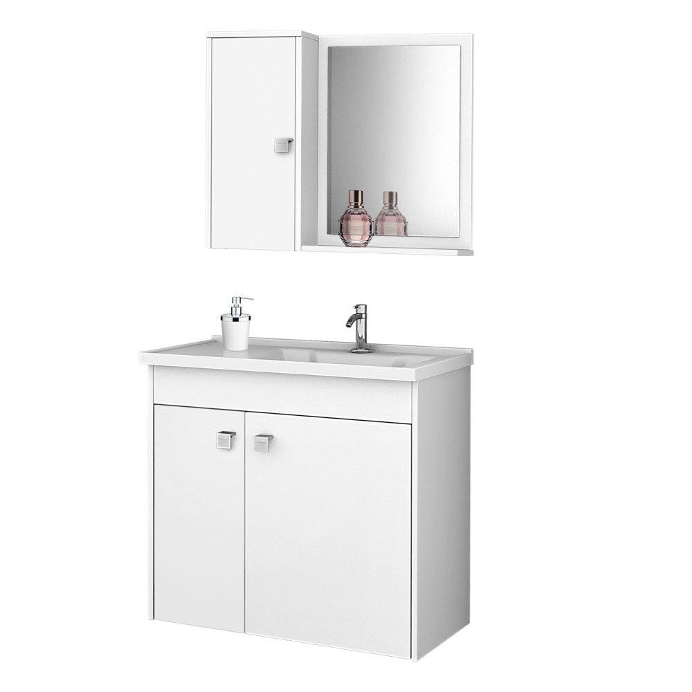 Kit Banheiro Gabinete 56cm Pia e Armário Com Espelho Munique Branco - Bechara