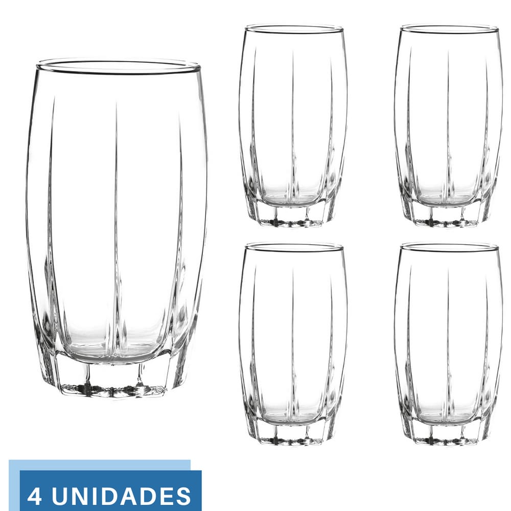 Conjunto 4 Copos Vidro Transparente 374ML Amadeus Long Drink