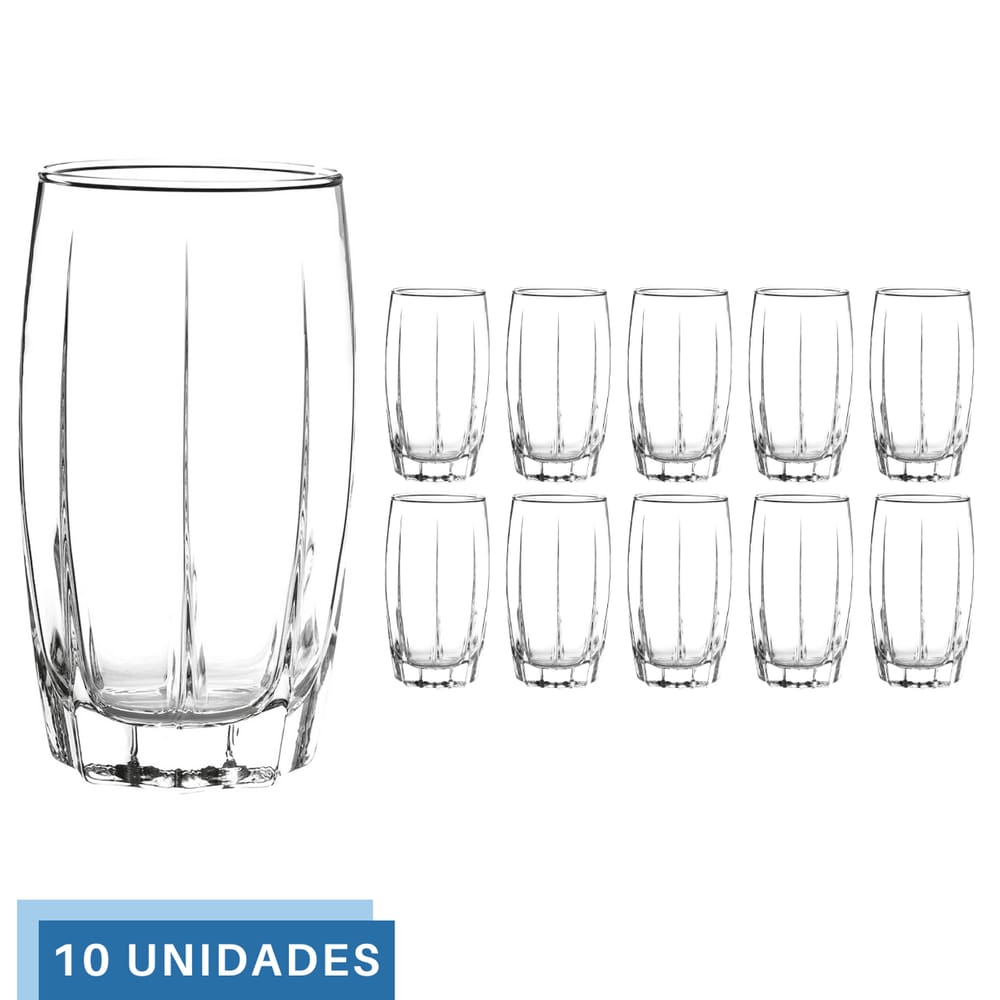 Jogo 10 Copos Vidro Transparente 374ML Amadeus Long Drink