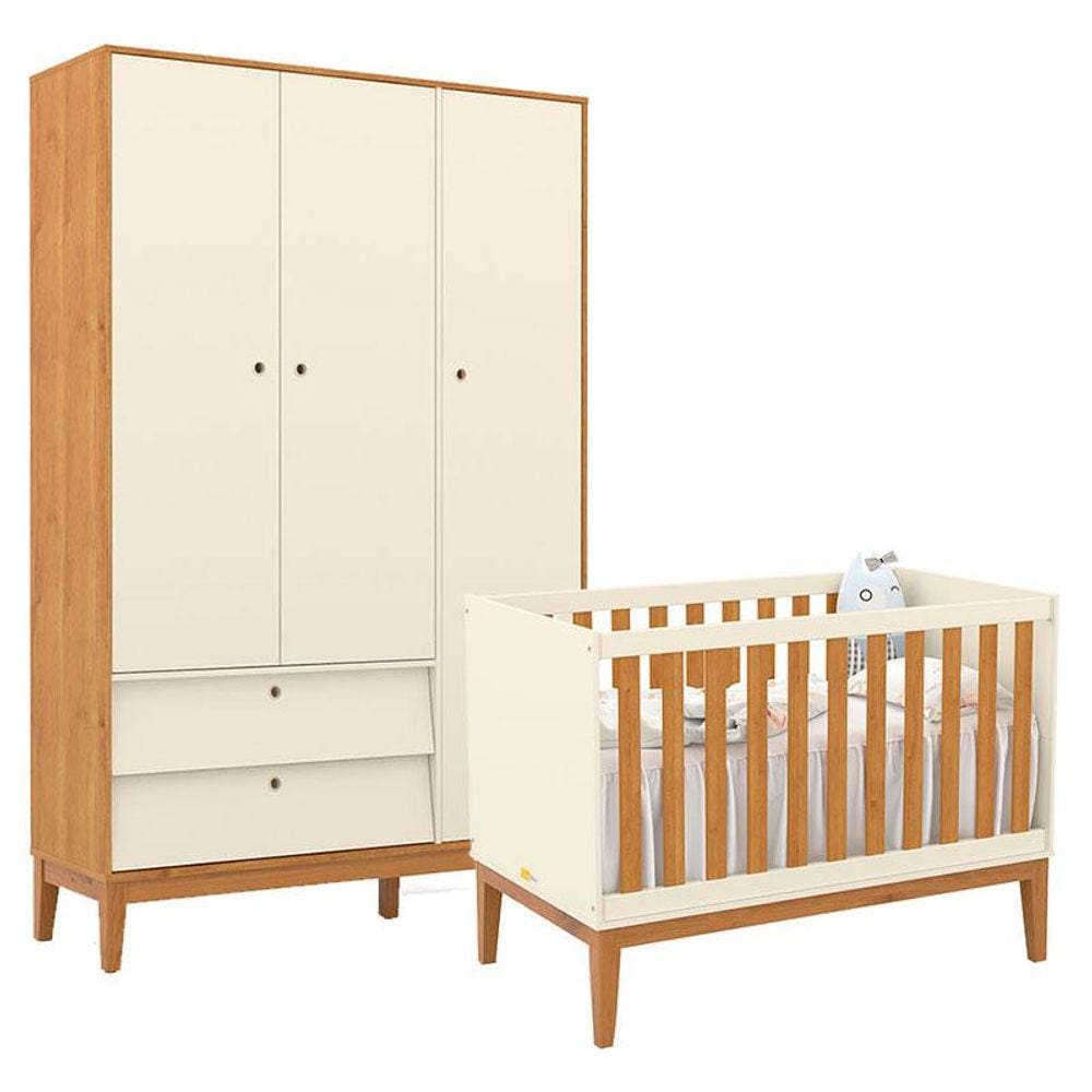Berço Americano e Guarda Roupa Unique 3 Portas Off White Freijó Eco Wood - Matic