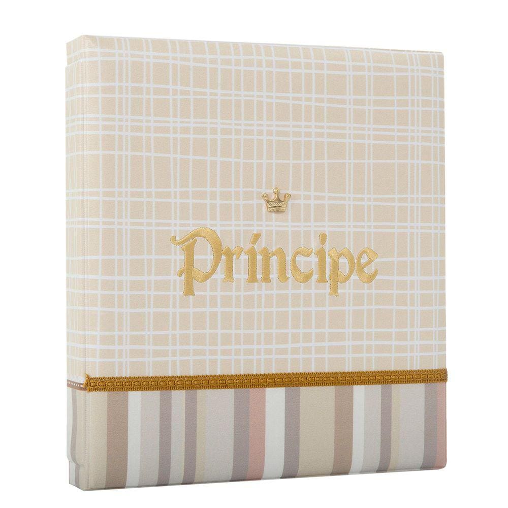 Álbum Fotográfico Com Estojo Para 80 Fotos 15X21 - Bordado Luxo Principe Bebê Caramelo Menino