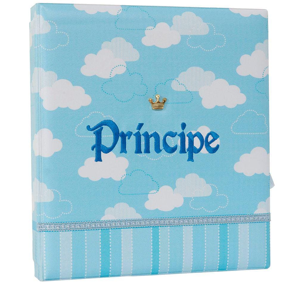 Álbum Fotográficfo Com Estojo Para 80 Fotos 15X21 - Bordado Luxo Bebê Principe Menino Azul