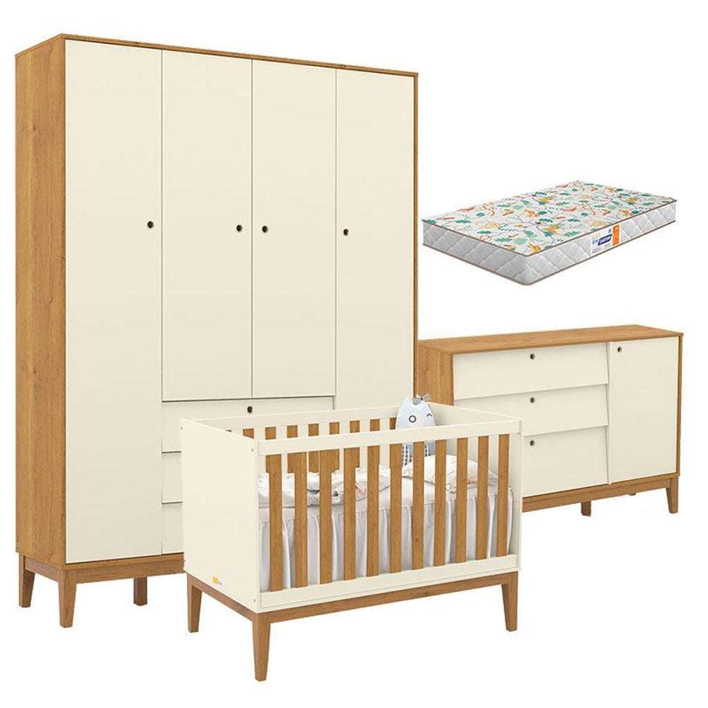 Quarto de Bebe Unique 4 Portas com Cômoda Sapateira Off White Freijó Eco Wood e Colchão Gazin - Matic