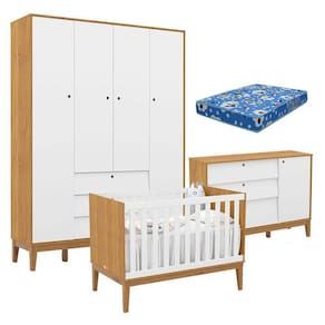 Quarto de Bebe Unique 4 Portas com Cômoda Sapateira Freijó Branco Soft Eco Wood e Colchão Ortobom - Matic