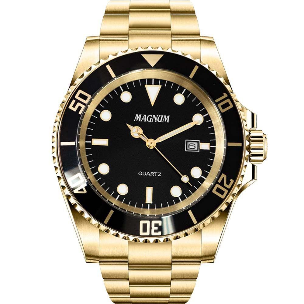 Relogio Magnum Masculino Dourado Visor Preto Calendario Ma33068u + Carteira