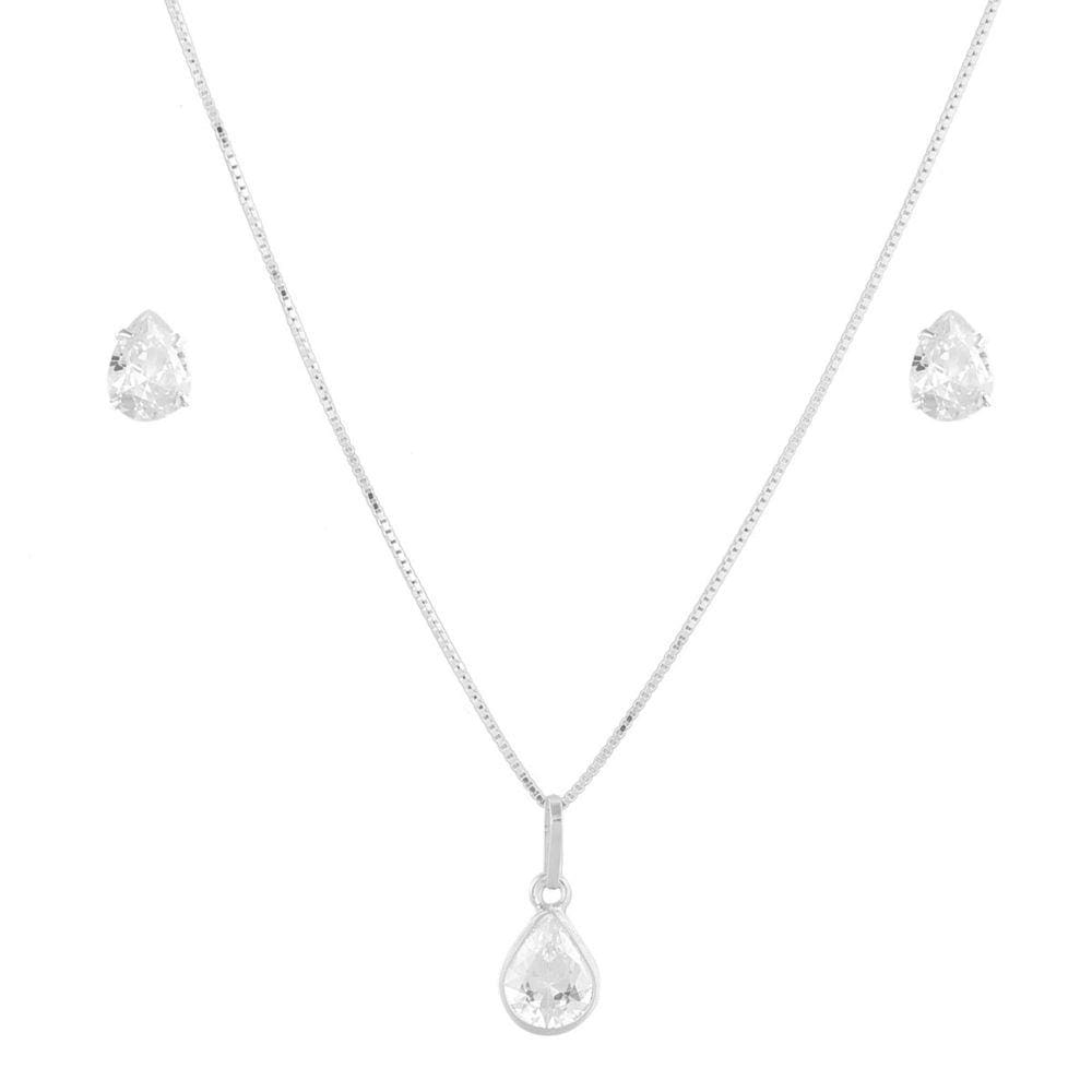 Conjunto Corrente Colar 45cm Gota Brincos Em Prata 925