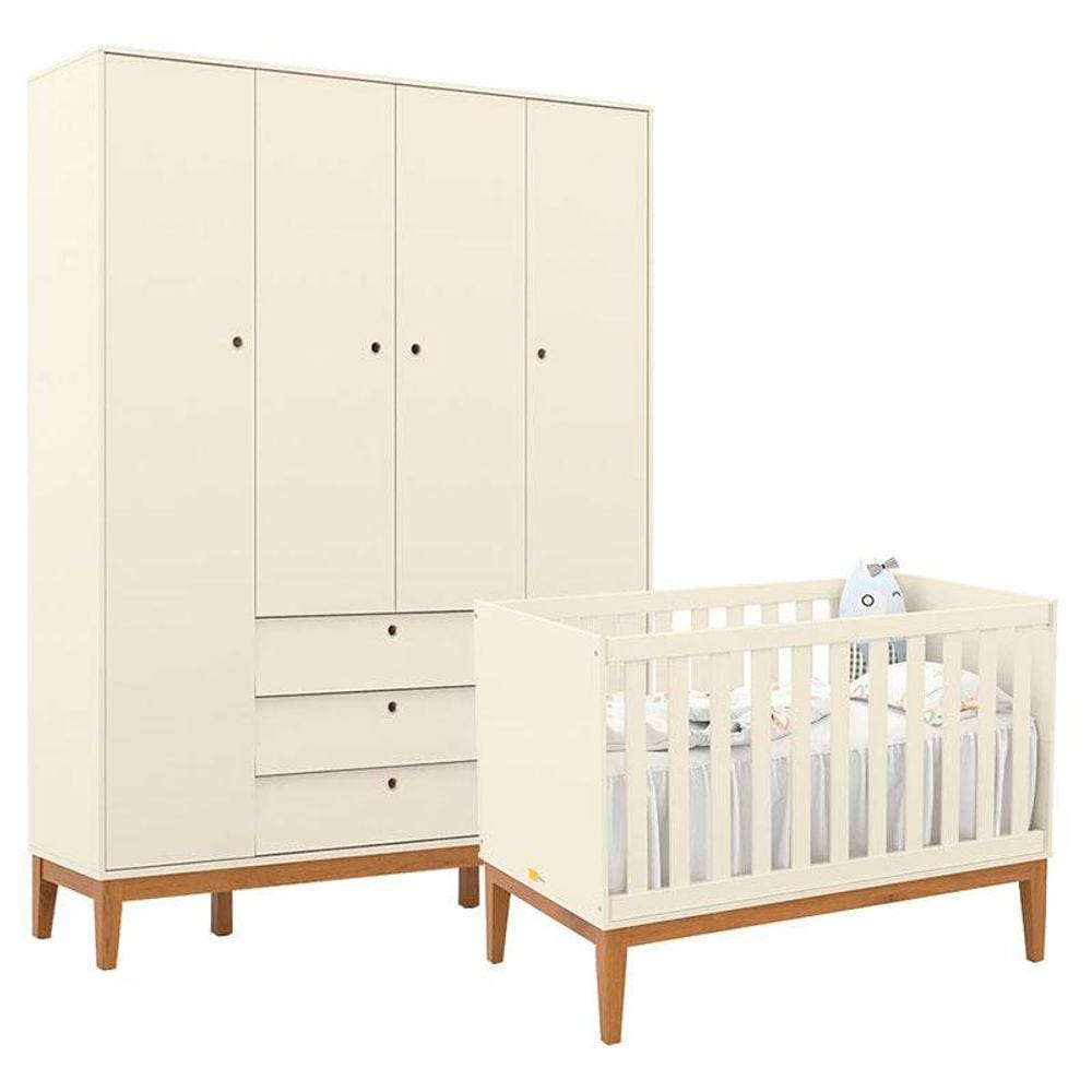 Berço Americano e Guarda Roupa Unique 4 Portas Off White Eco Wood - Matic