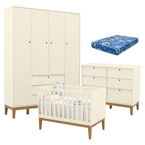Quarto de Bebe Unique 4 Portas com Cômoda 6 Gavetas Off White Eco Wood e Colchão Ortobom - Matic