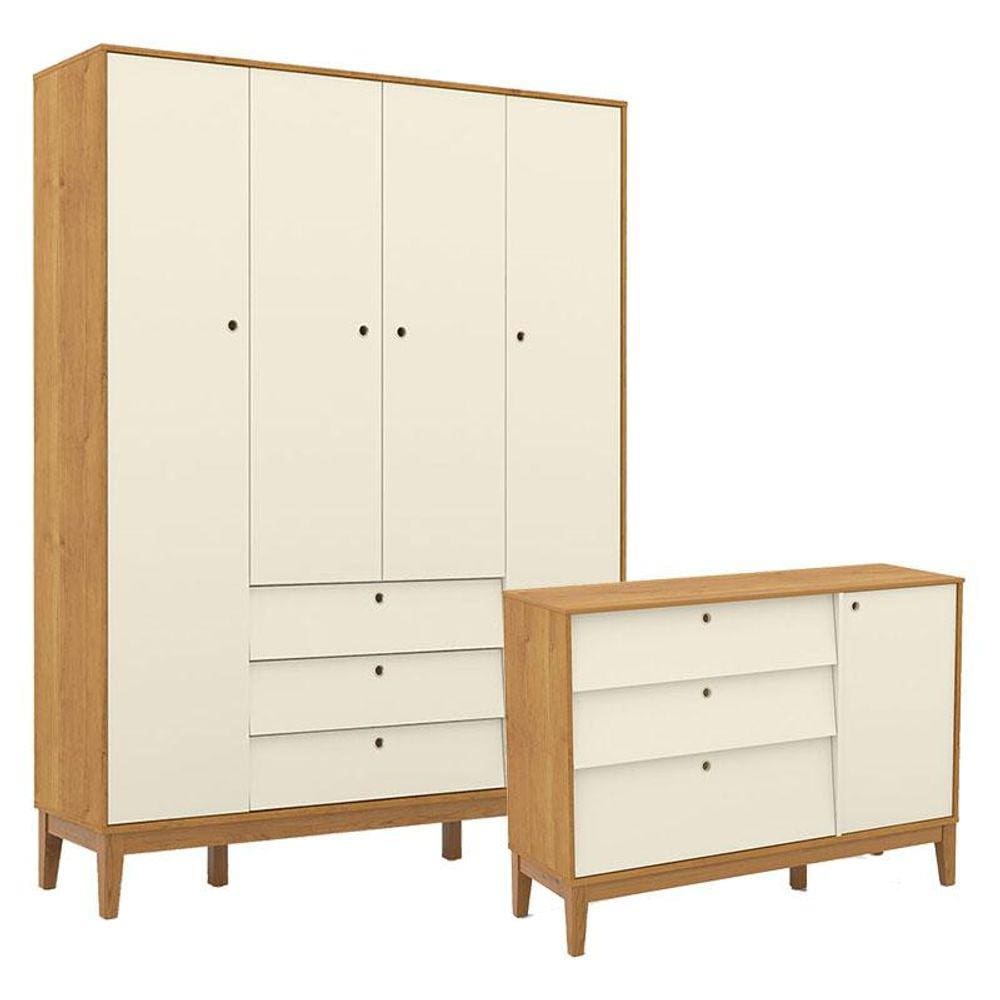 Cômoda Sapateira e Guarda Roupa Unique 4 Portas Freijó Off White Eco Wood - Matic
