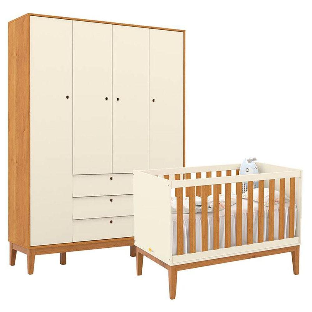 Berço Americano e Guarda Roupa Unique 4 Portas Off White Freijó Eco Wood - Matic