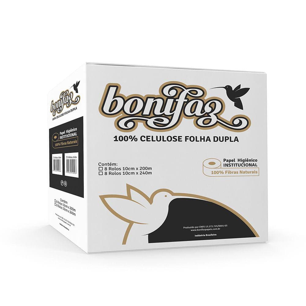 Papel Higiênico Rolão 100% Celulose F. dupla Bonifaz 8 rolos de 200m