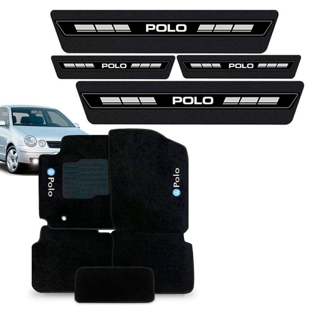 Tapete Carpete Bordado + Soleira VW Polo 2003 a 2005