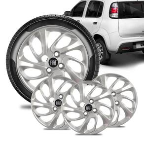 Jogo 4 Calota Fiat Uno Attractive Aro 14 Prata Emblema Preto