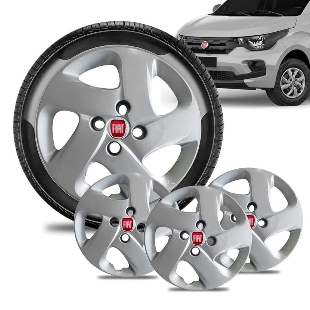Jogo 4 Calota Fiat Mobi Aro 14 Prata Emblema Vermelho