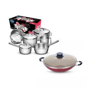 KIT - Jogo de Panelas Solar 6pçs inox + Panela Wok Alumínio Paris 36cm Vermelha - Tramontina