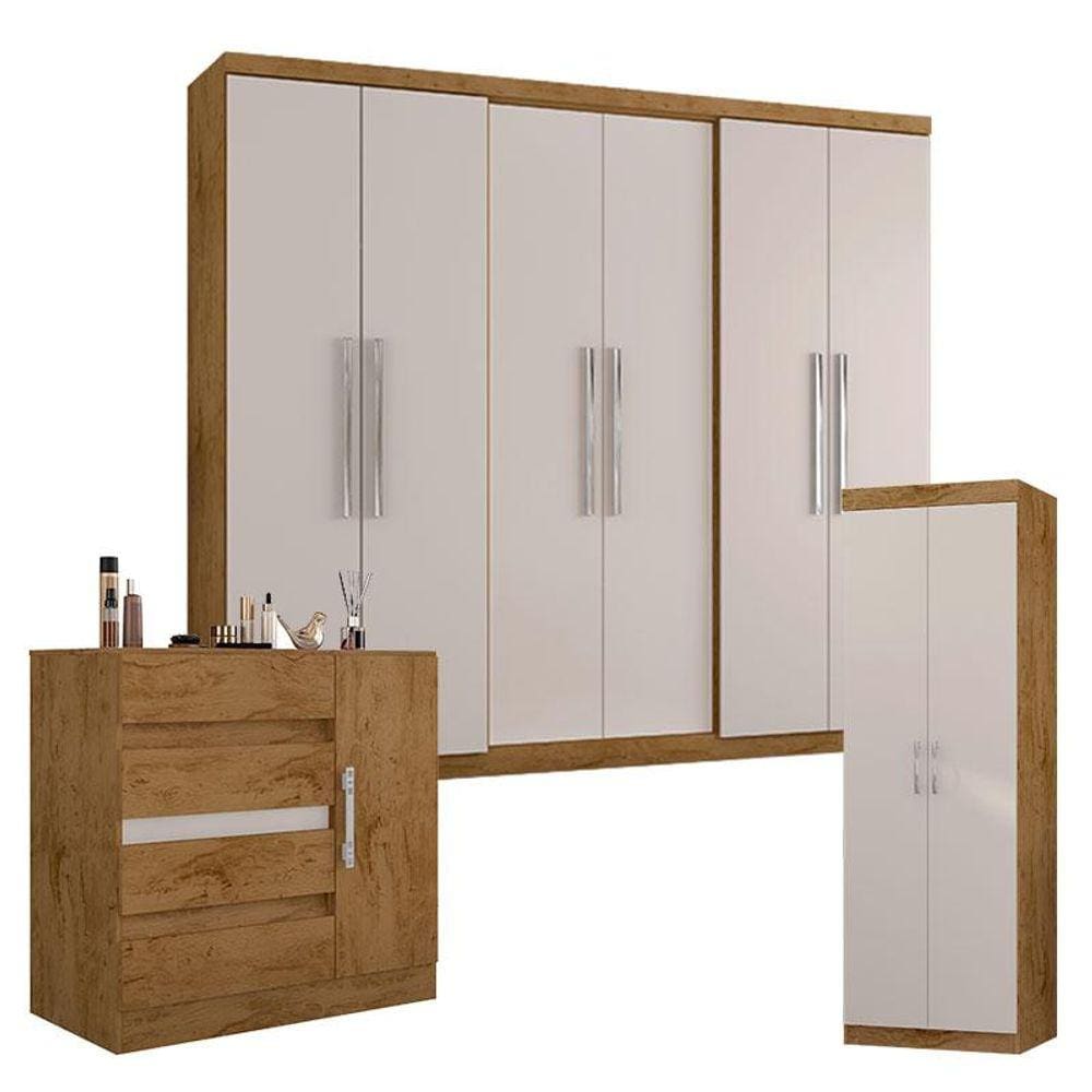Guarda Roupa Casal Prime 6000 Cômoda 8000 e Multiuso 6020 Freijó Baunilha - Araplac
