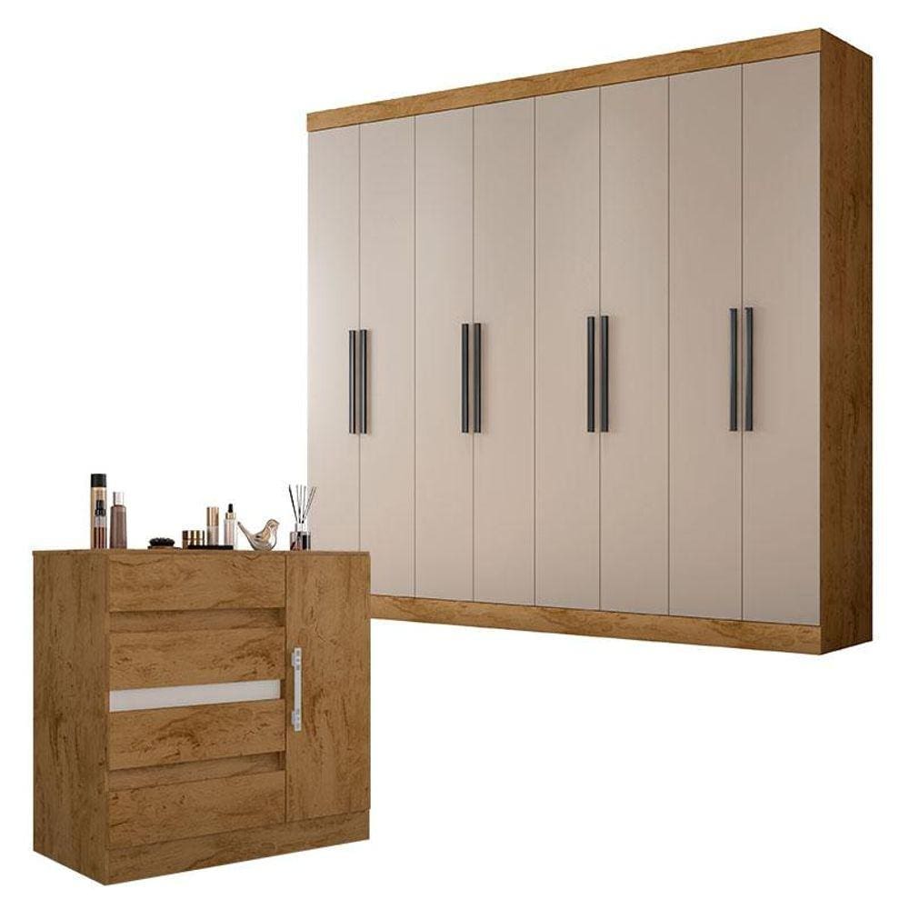 Guarda Roupa Casal Prime 1684 e Cômoda 8000 Freijó Baunilha - Araplac