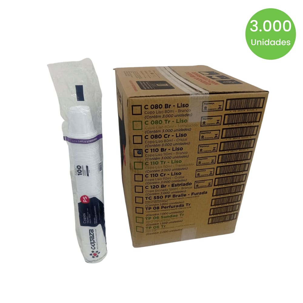 Copo de 110ml Liso Branco Copaza com 3.000 unidades indicado para bebidas quentes