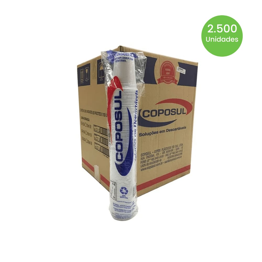 Copo de 200ml Branco ABNT2012 Coposul c/2.500 unidades para escritório, festas, clinicas e diversos estabelecimentos