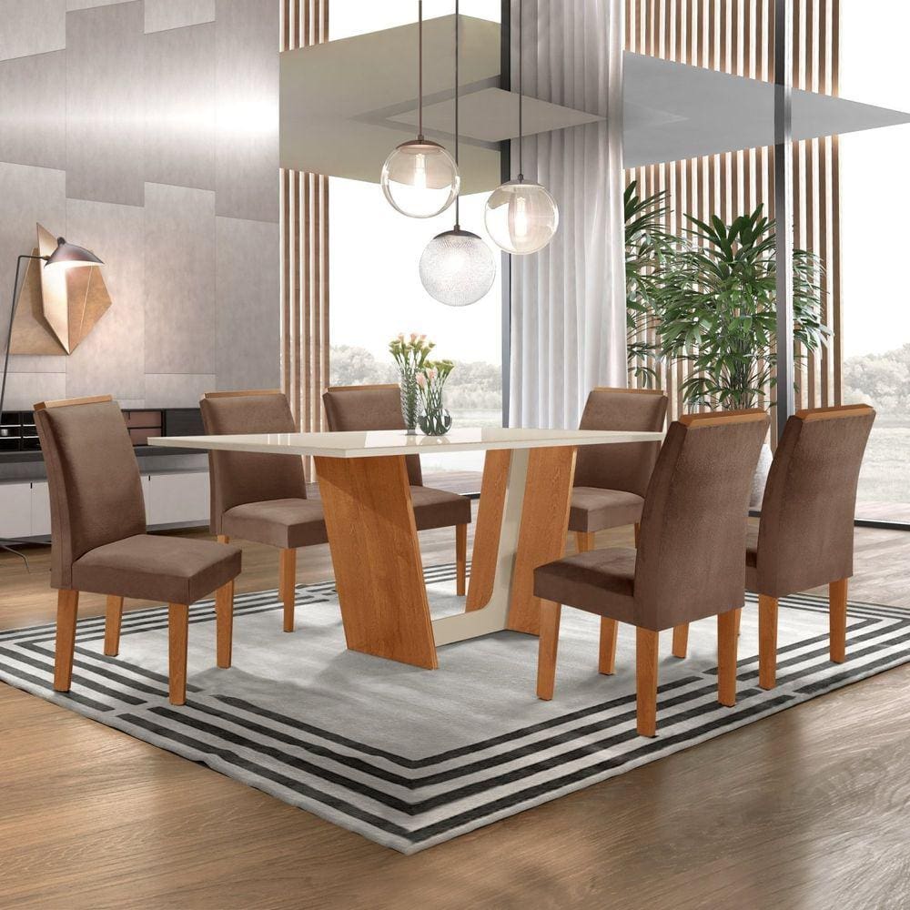 Conjunto Sala de Jantar Mesa Tampo Dakota Plus Vidro 160x80cm com 6 Cadeiras Luisa Cel Móveis Cinamomo/Off White/Suede Animale