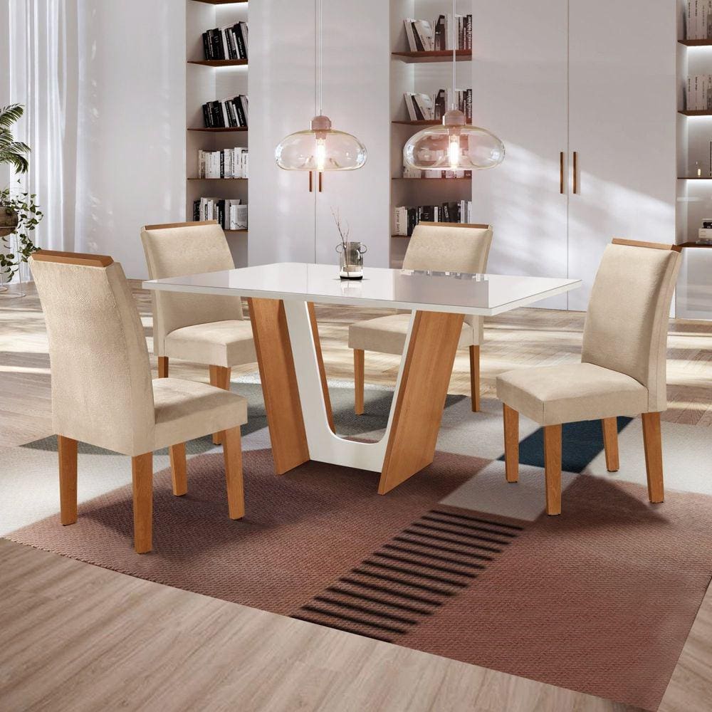 Conjunto Sala de Jantar Mesa Tampo Dakota Plus Vidro 120x80cm com 4 Cadeiras Luisa Cel Móveis Cinamomo/Off White/Suede Pena