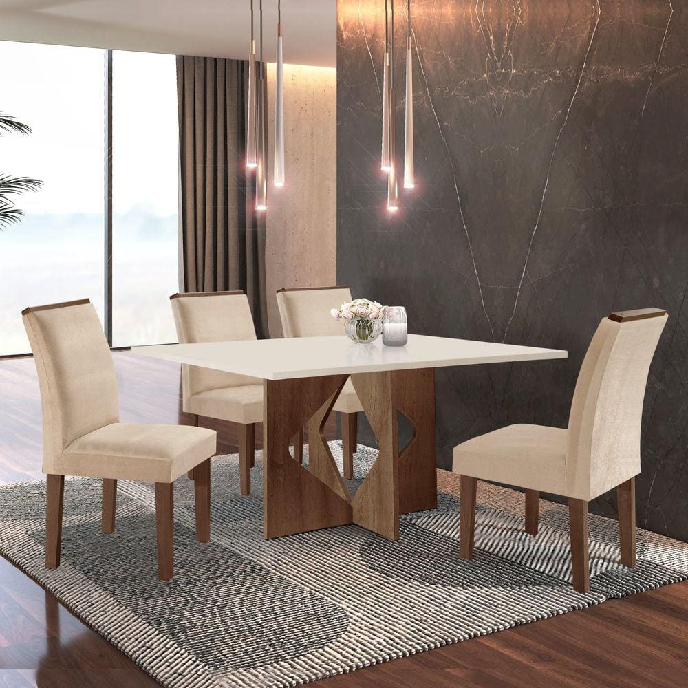 Conjunto Sala de Jantar Mesa Laura Tampo Dakota Plus 120x80cm com 4 Cadeiras Laura Yescasa Chocolate/Off White/Suede Pena