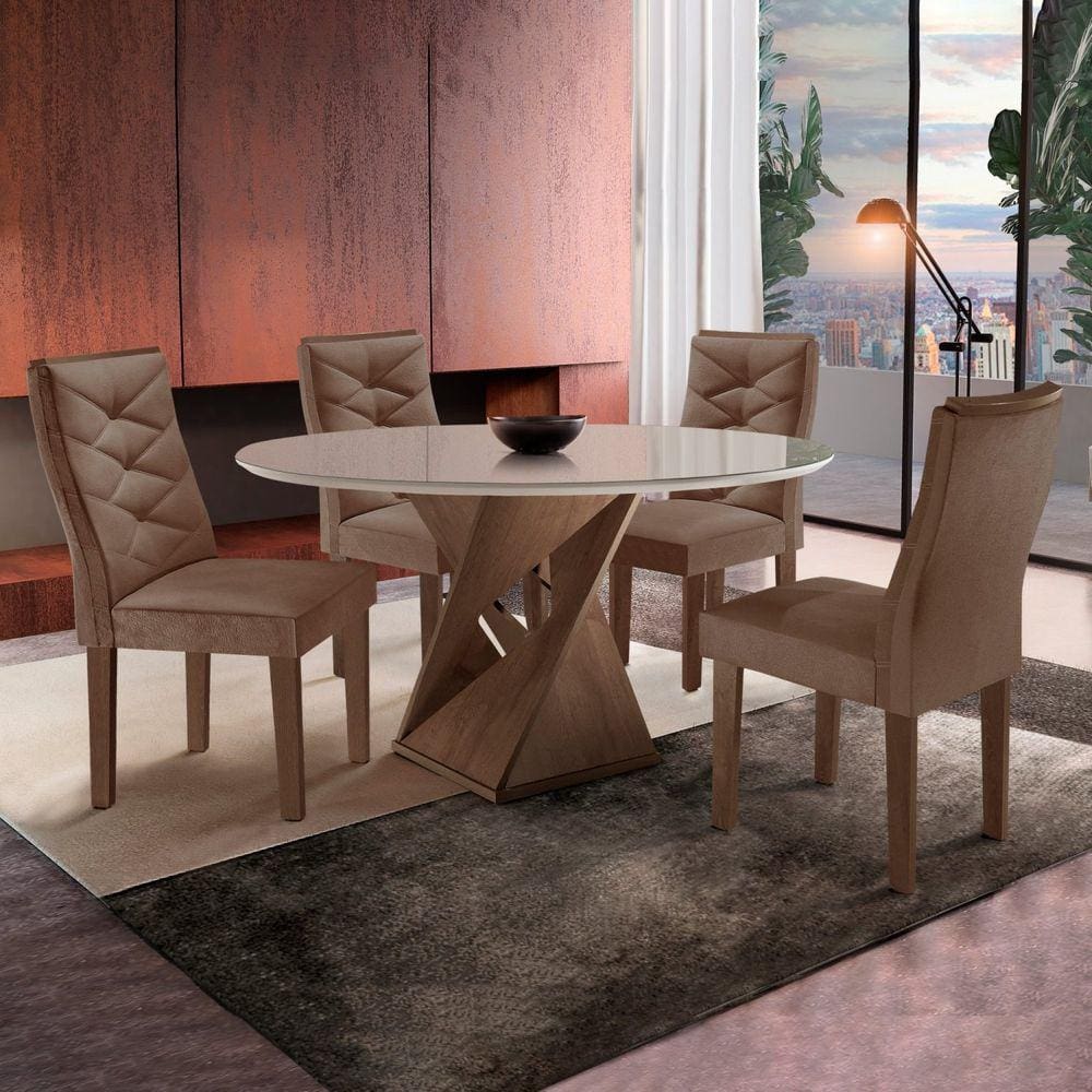 Conjunto Sala de Jantar Mesa Tampo Redondo Plus Vidro 100cm com 4 Cadeiras Barcelona Cel Móveis Chocolate/Off White/Suede Animale
