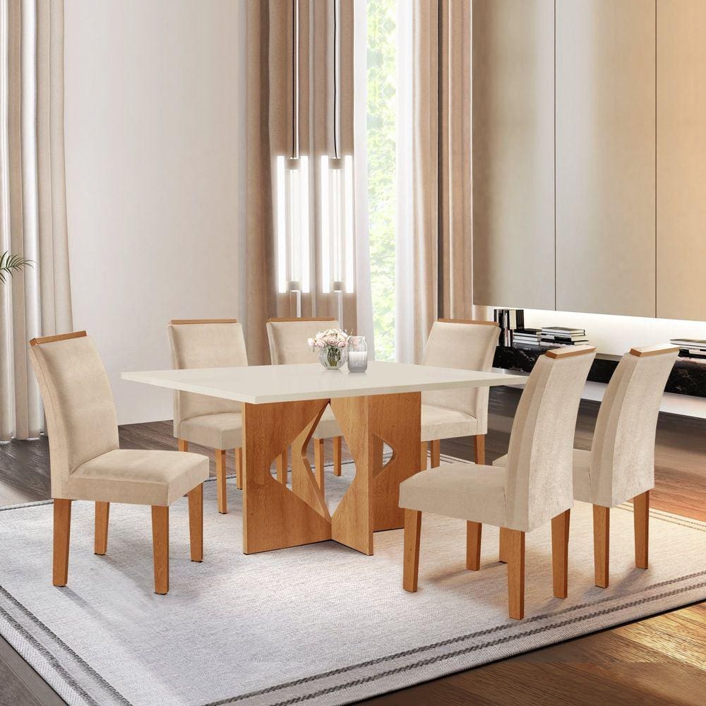 Conjunto Sala de Jantar Mesa Laura Tampo Dakota Plus 160X80cm com 6 Cadeiras Laura Yescasa Cinamomo/Off White/Suede Pena