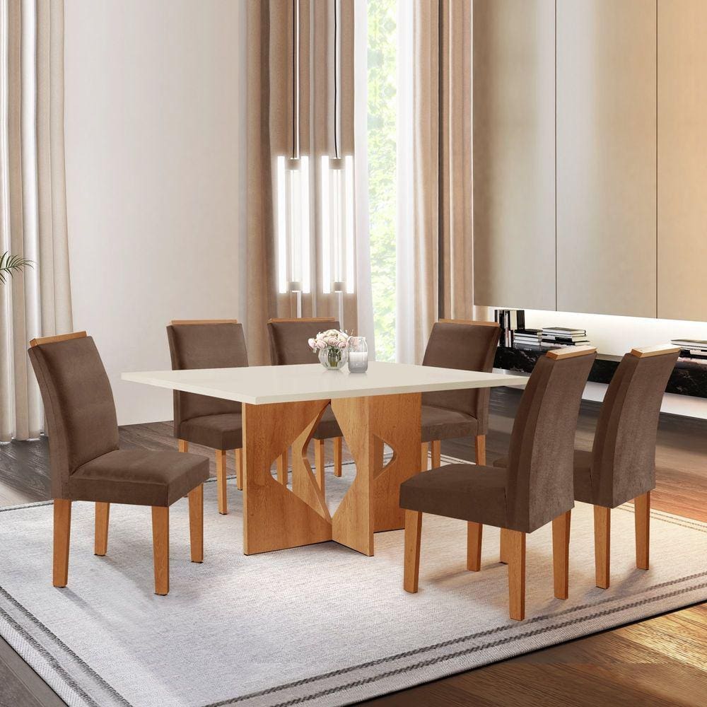 Conjunto Sala de Jantar Mesa Laura Tampo Dakota Plus 160X80cm com 6 Cadeiras Laura Yescasa Cinamomo/Off White/Suede Animale