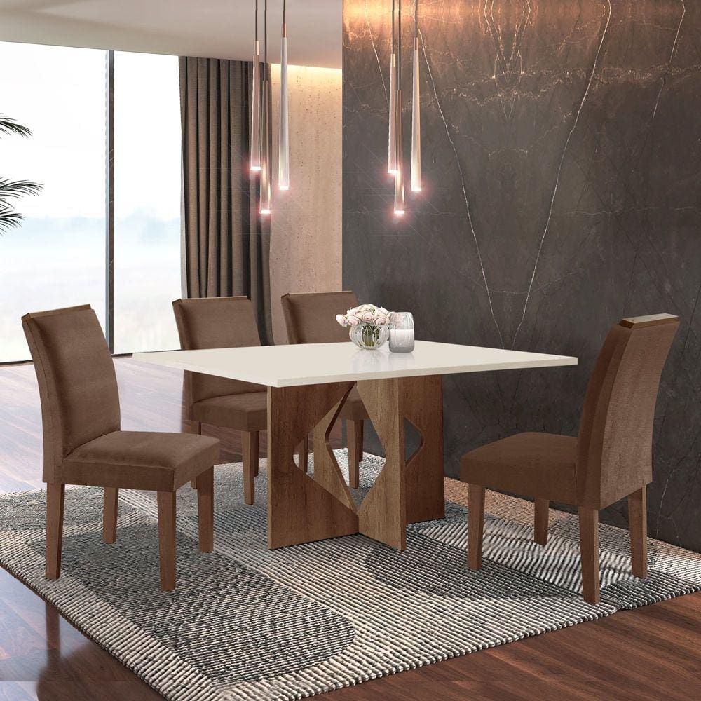 Conjunto Sala de Jantar Mesa Laura Tampo Dakota Plus 120x80cm com 4 Cadeiras Laura Yescasa Chocolate/Off White/Suede Animale