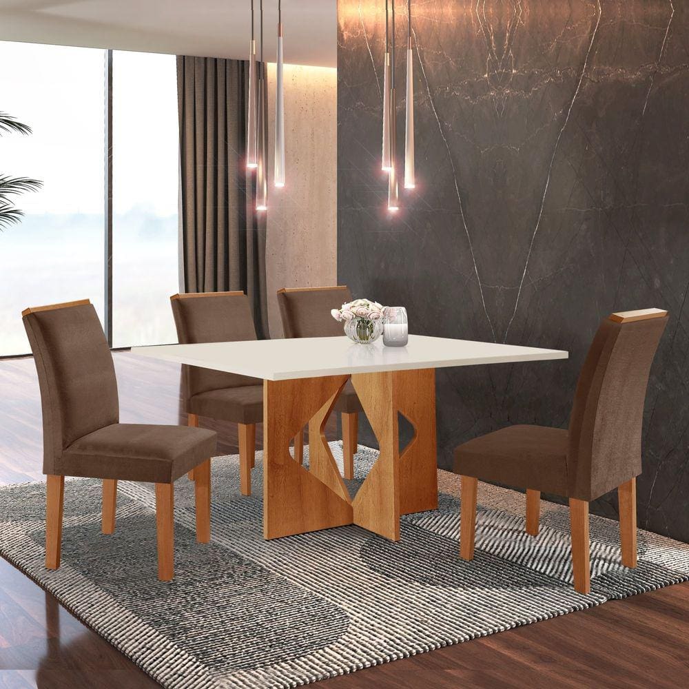 Conjunto Sala de Jantar Mesa Laura Tampo Dakota Plus 120x80cm com 4 Cadeiras Laura Yescasa Cinamomo/Off White/Suede Animale