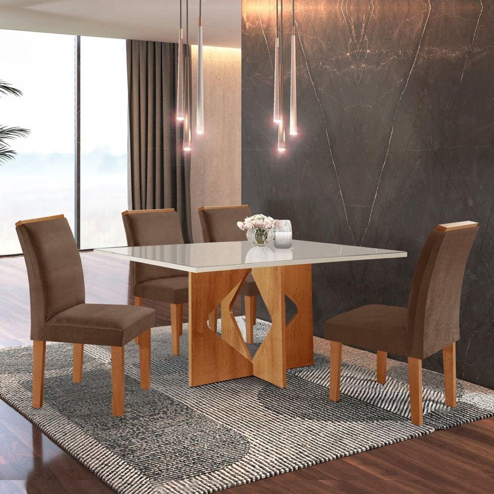 Conjunto Sala de Jantar Mesa Tampo Dakota Plus Vidro 120x80cm com 4 Cadeiras Laura Cel Móveis Cinamomo/Off White/Suede Animale