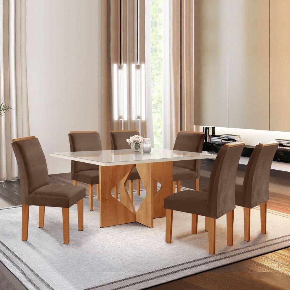 Conjunto Sala de Jantar Mesa Tampo Dakota Plus Vidro 160X80cm com 6 Cadeiras Laura Cel Móveis Cinamomo/Off White/Suede Animale