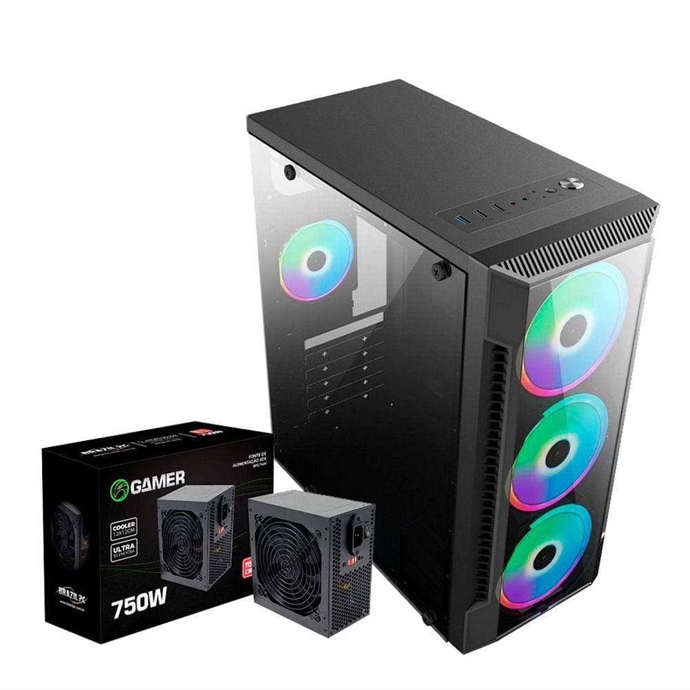 Gabinete Gamer + Fonte 750w - Brazilpc- C/ Lateral de Vidro