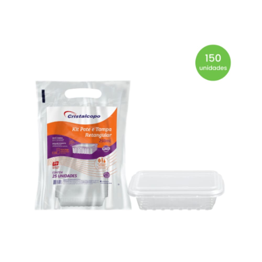 Pote 250ml Retangular Transparente com tampa Cristalcopo com 150 unidades