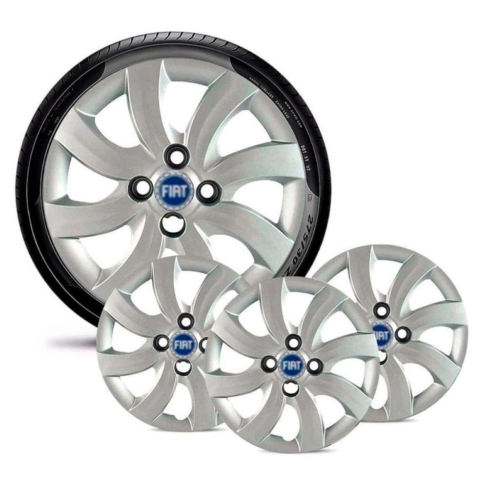 Jogo 4 Calota Carros Fiat Todos Aro 14 Prata Emblema Azul
