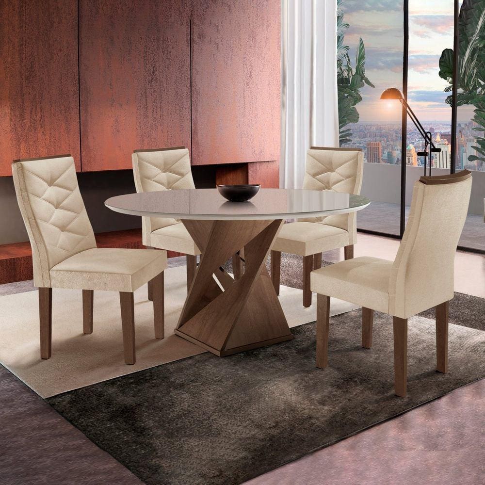 Conjunto Sala de Jantar Mesa Tampo Redondo Plus Vidro 100cm com 4 Cadeiras Barcelona Cel Móveis Chocolate/Off White/Suede Pena