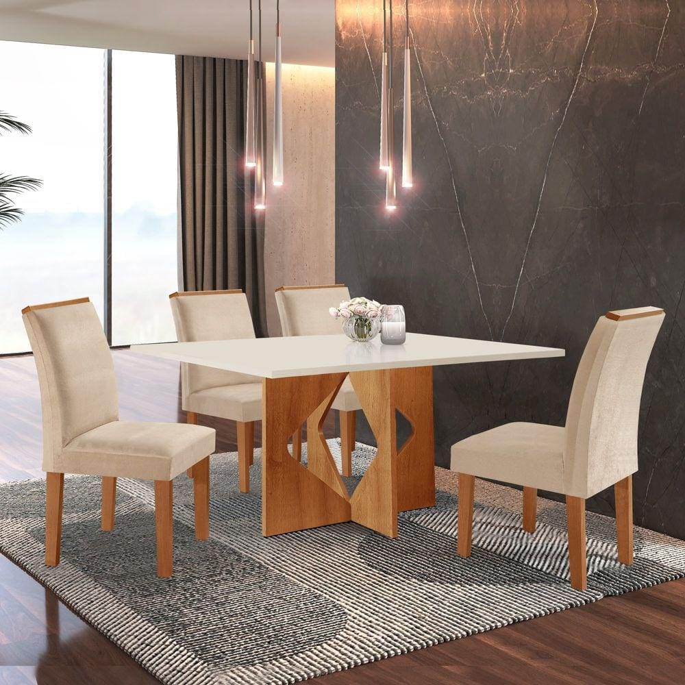 Conjunto Sala de Jantar Mesa Tampo Dakota Plus 120x80cm com 4 Cadeiras Laura Cel Móveis Cinamomo/Off White/Suede Pena