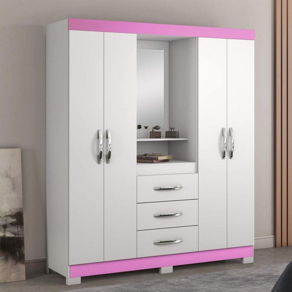 Guarda Roupa Casal com Espelho 4 Portas 3 Gavetas e Nicho Capelinha Notável Móveis Branco New/Rosa