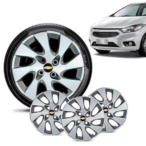 Jogo 4 Calota Chevrolet GM Prisma 2013 14 15 16 Aro 14 Prata Emblema Preto